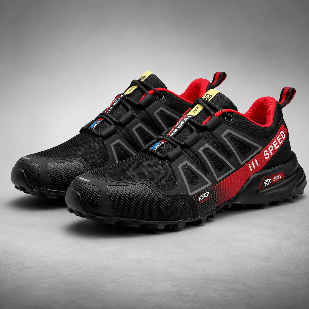 Chaussure Running Trail Homme Noir & Rouge – Performance et Confort